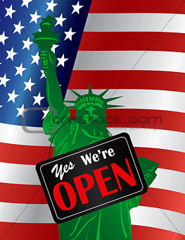 Government Shutdown We Are Open Sign with US Flag