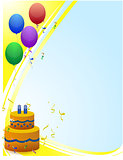 Happy birthday card with balloons rays of light and birthday cak