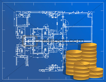 detailed blueprint and coins illustration design