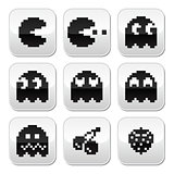 Pacman, ghosts, 8bit retro game buttons set