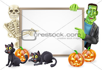 Halloween Sign with Skeleton and Frankenstein