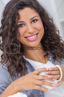 Hispanic Woman Smiling Drinking Tea or Coffee Happy Beautiful