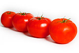 Four tomatoes in row on a white background
