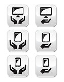 Hands with computer, tablet, mobile or cell phone buttons