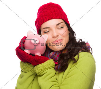Pleased Mixed Race Woman Hugging Piggybank Isolated on White 