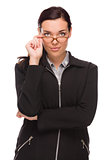 Confident Mixed Race Businesswoman Touching her Glasses 