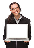 Mixed Race Businesswoman Wearing Headset Holds Computer With Bla