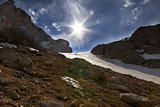Mountain pass and blue sky with sun
