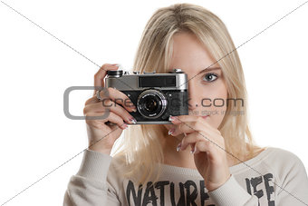 young beautifull girl with vintage camera