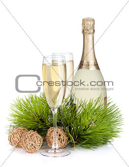 Champagne, fir tree and christmas decor