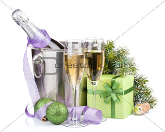Christmas champagne in bucket and gift box