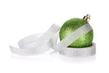 Green sparkling christmas bauble with ribbon
