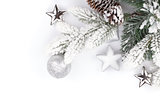 Fir tree branch with christmas decor covered with snow