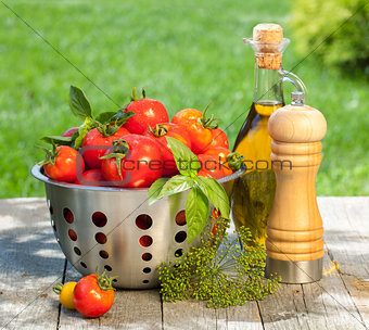 Fresh ripe tomatoes, olive oil bottle, pepper shaker and herbs