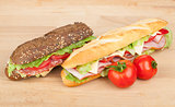 Fresh sandwiches with meat and vegetables and tomatoes