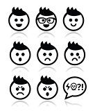Man or boy with spiky hair faces icons set