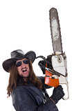 a man with a chainsaw with an expression