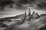 Monochrome view of Old Man of Storr rock formation, Scotland