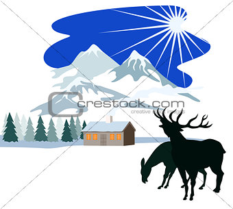 House Snow Mountains Deer Silhouette