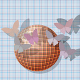 group of butterflies near the ball on the background fabric texture