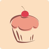 Retro vector cupcake silhouette with red cherry on background.