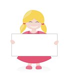 Blond girl smiling, holding and showing  empty white page banner. Vector illustration isolated on white background.