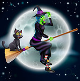 Witch flying on broom and night sky