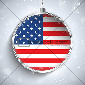 Merry Christmas Silver Ball with Flag USA