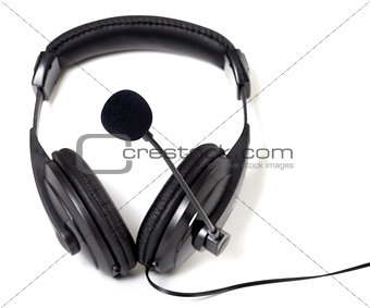 Headphones with microphone on white background.