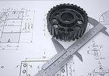 Caliper and gear in the drawing