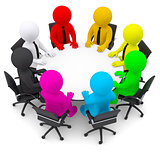 Multicolored people sitting at a round table