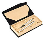 beige and black gift box with two pen