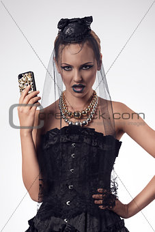 halloween woman with smartphone