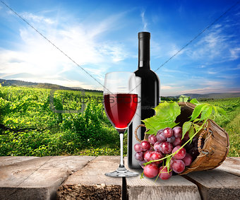 Red wine and vineyard