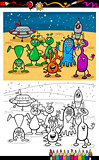 cartoon ufo aliens group coloring page