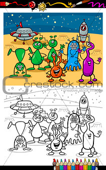 cartoon ufo aliens group coloring page