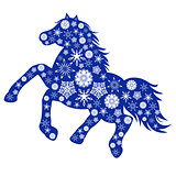 Blue Horse silhouette with many snowflakes