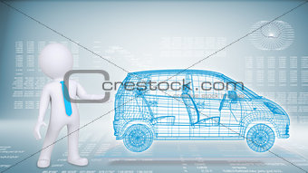 People and hi-tech car on a blue background