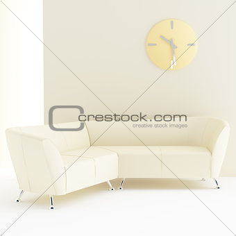 light yellow interior with sofa and clock on wall