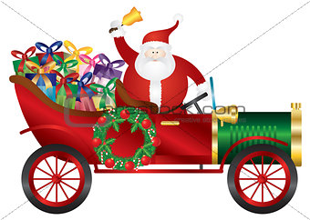 Santa Claus on Vintage Car Delivering Presents Illustration