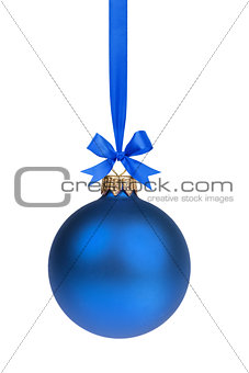 single simple blue christmas ball hanging on ribbon