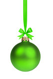 single simple green christmas ball hanging on ribbon