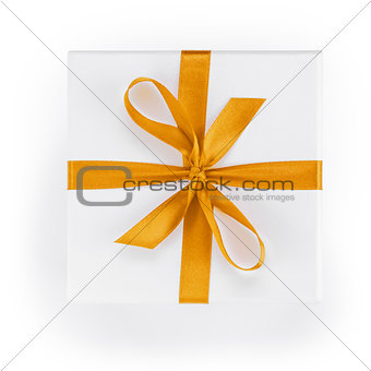 white textured gift box with orange ribbon percent symbol