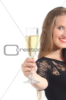 Close up of a beautiful woman toasting with champagne