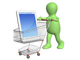 3d puppet with shopping cart and smartphone
