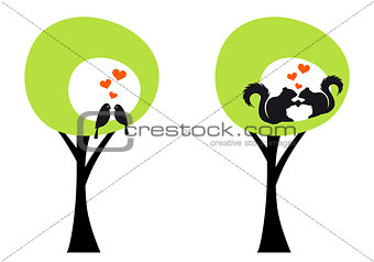 trees with birds and squirrels, vector 