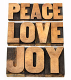 peace, love and joy in wood type