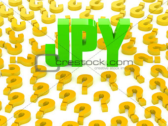JPY sign surrounded by question marks.
