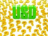 USD sign surrounded by question marks.