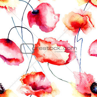 Colorful Poppy flowers, seamless pattern 